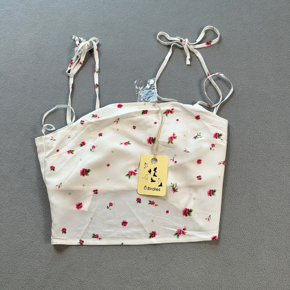 NWT 8 Birdies Australia Floral Crop Cami Tie Strap White Pink Womens M Tank